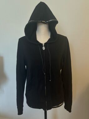 Christine Alexander Black Hooded Zip-Up Sweatshirt with Rhinestone Trim